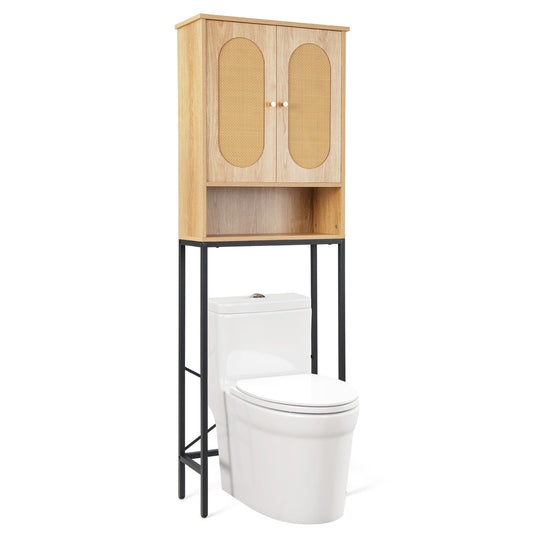 Over The Toilet Freestanding Toilet Storage Cabinet with Rattan Doors