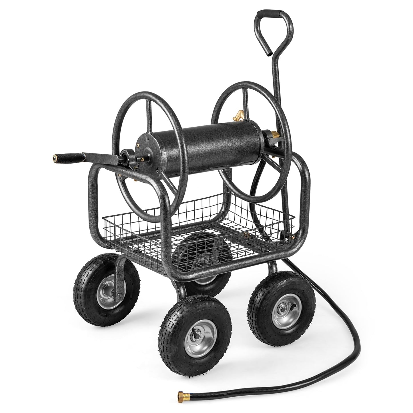 Garden Hose Reel Cart with 4 Wheels, Storage Basket & Crank Handle