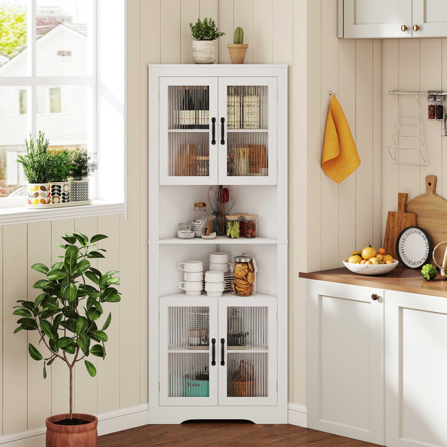 171cm Tall Space-saving Corner Cabinet with 4 Tempered Glass Doors and Adjustable Shelves