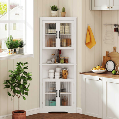 171cm Tall Space-saving Corner Cabinet with 4 Tempered Glass Doors and Adjustable Shelves