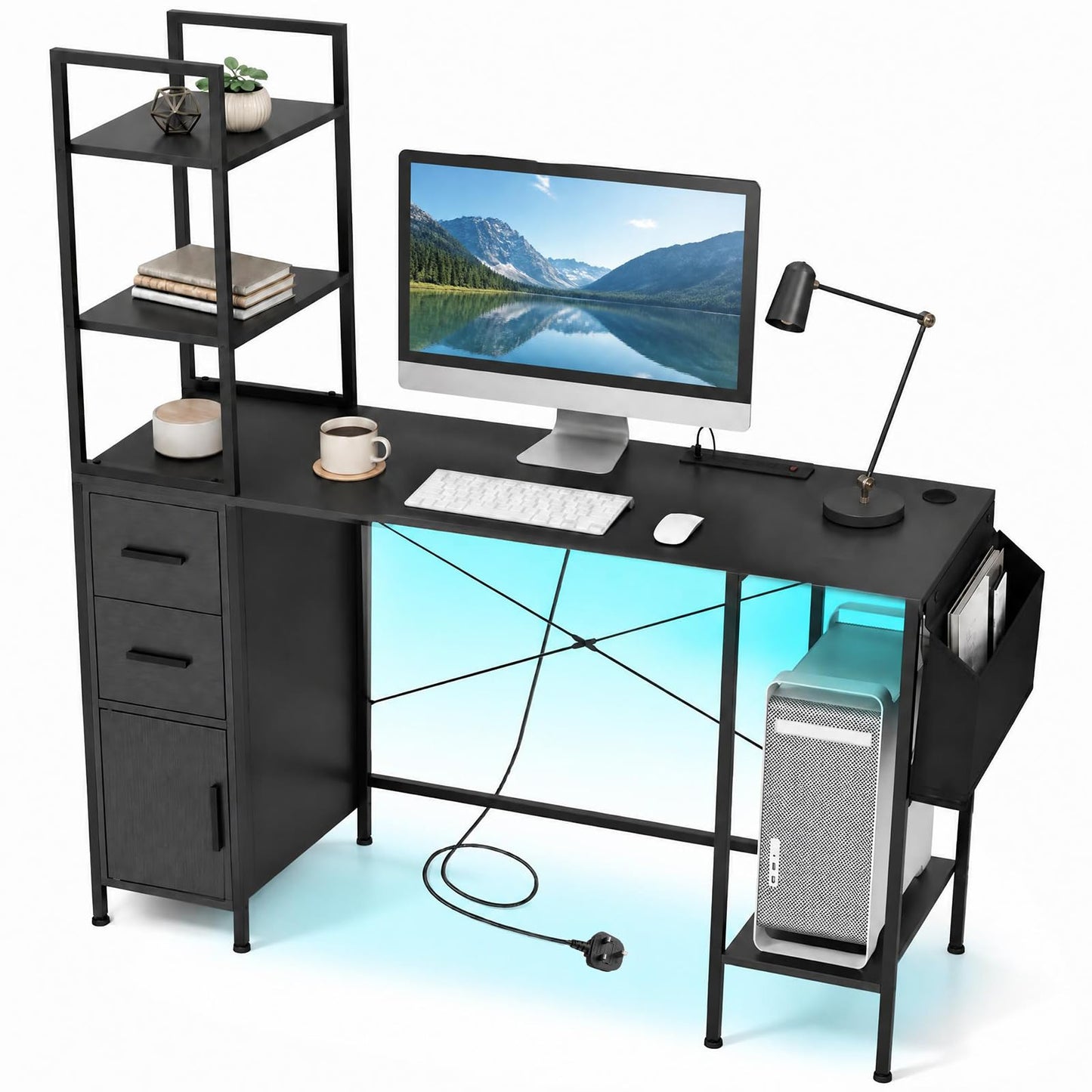 145cm Computer Desk with LED Lights and Power Outlets