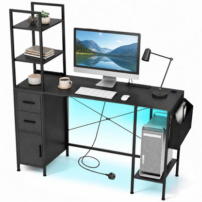 145cm Computer Desk with LED Lights and Power Outlets