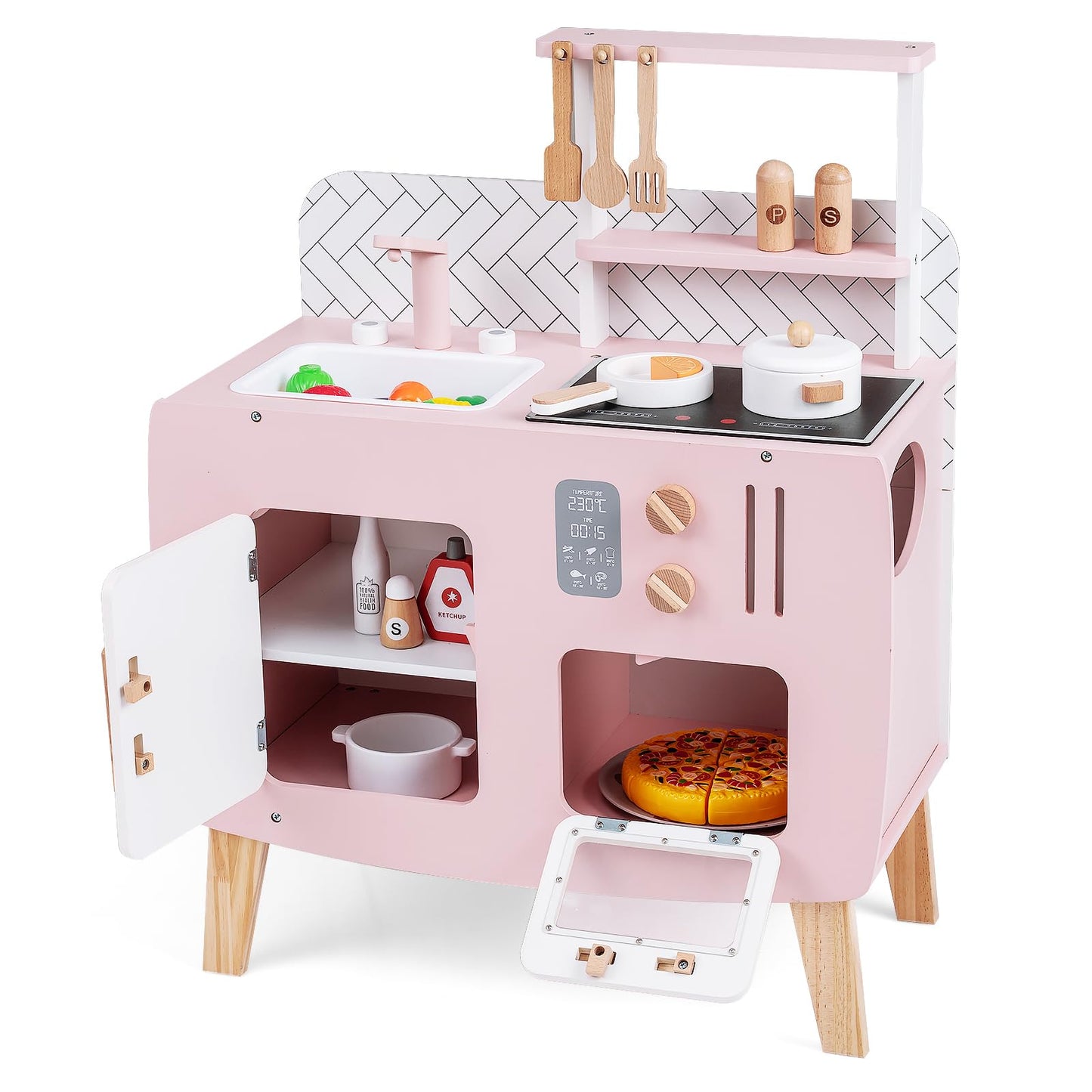 Wooden Kitchen Playset with Stoves and Cookware Accessories