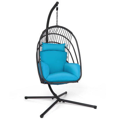 Foldable Rattan Swing Egg Chair with Stand & Soft Cushion