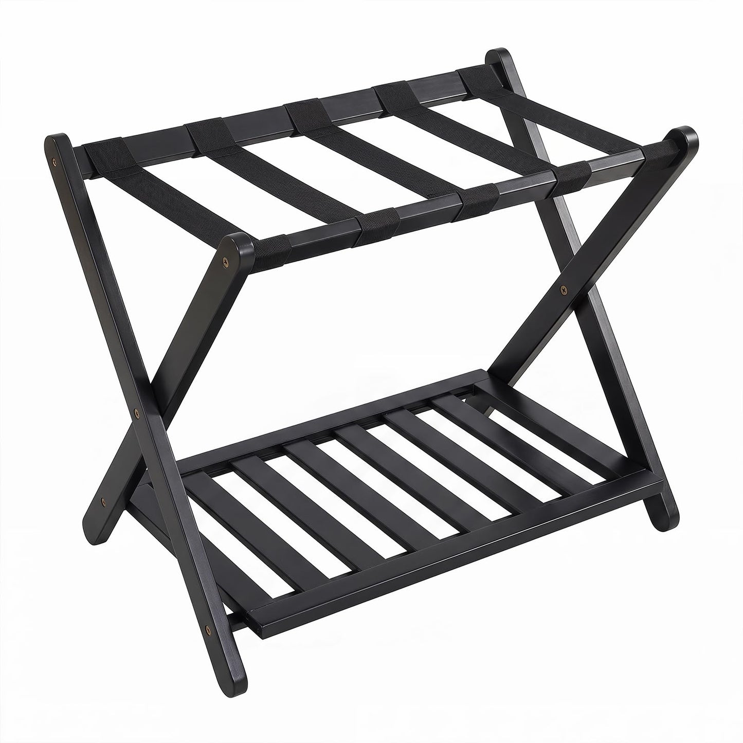 Bamboo Luggage Rack, Folding Suitcase Stand with Straps and Storage Shelf