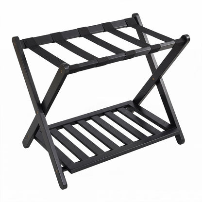 Bamboo Luggage Rack, Folding Suitcase Stand with Straps and Storage Shelf