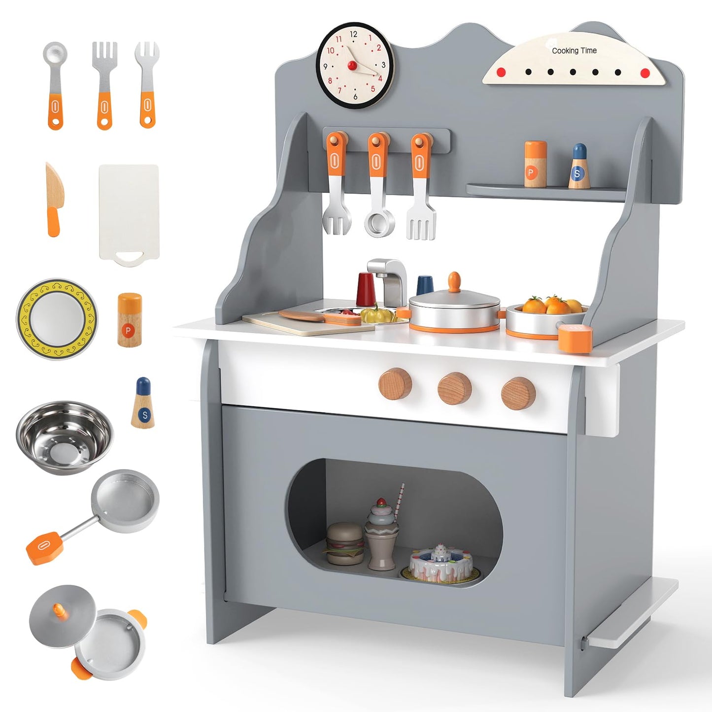Pretend Play Toy Kitchen Set with Clock Stove Spice Rack for Aged 3+