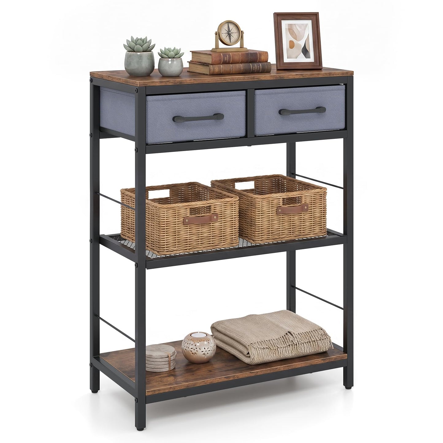 3-Tier Narrow Console Table with 2 Fabric Drawers and Open Shelves