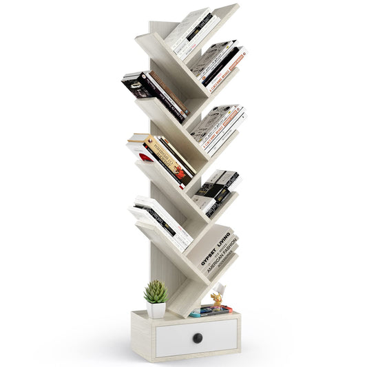 10-Tier Tree Bookshelf with Drawer with Anti-Tipping Kit