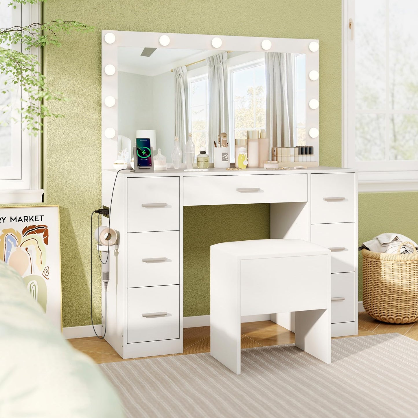 Dressing Table with 3-Color Large LED Mirror and Cushioned Storage Stool