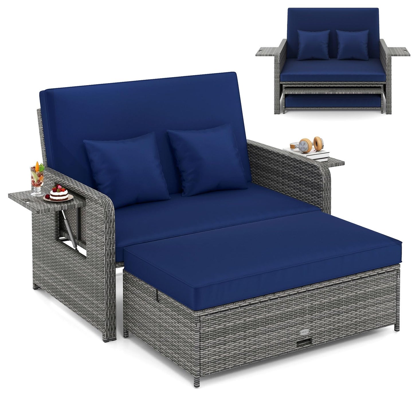 Garden Rattan Daybed, 4-Level Adjustable Patio Wicker Loveseat Sofa Bed Sun Lounger