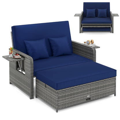 Garden Rattan Daybed, 4-Level Adjustable Patio Wicker Loveseat Sofa Bed Sun Lounger