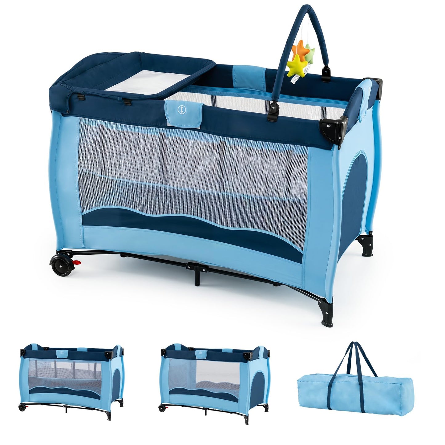 4 in 1 Pack and Play Foldable and Portable Baby Playard with Diaper Changing Table and 3 Hanging Toys