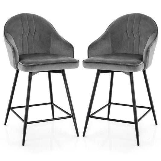 GiantexUK Bar Stools Set of 2, Upholstered Velvet Swivel Barstools with Backrest, Grey