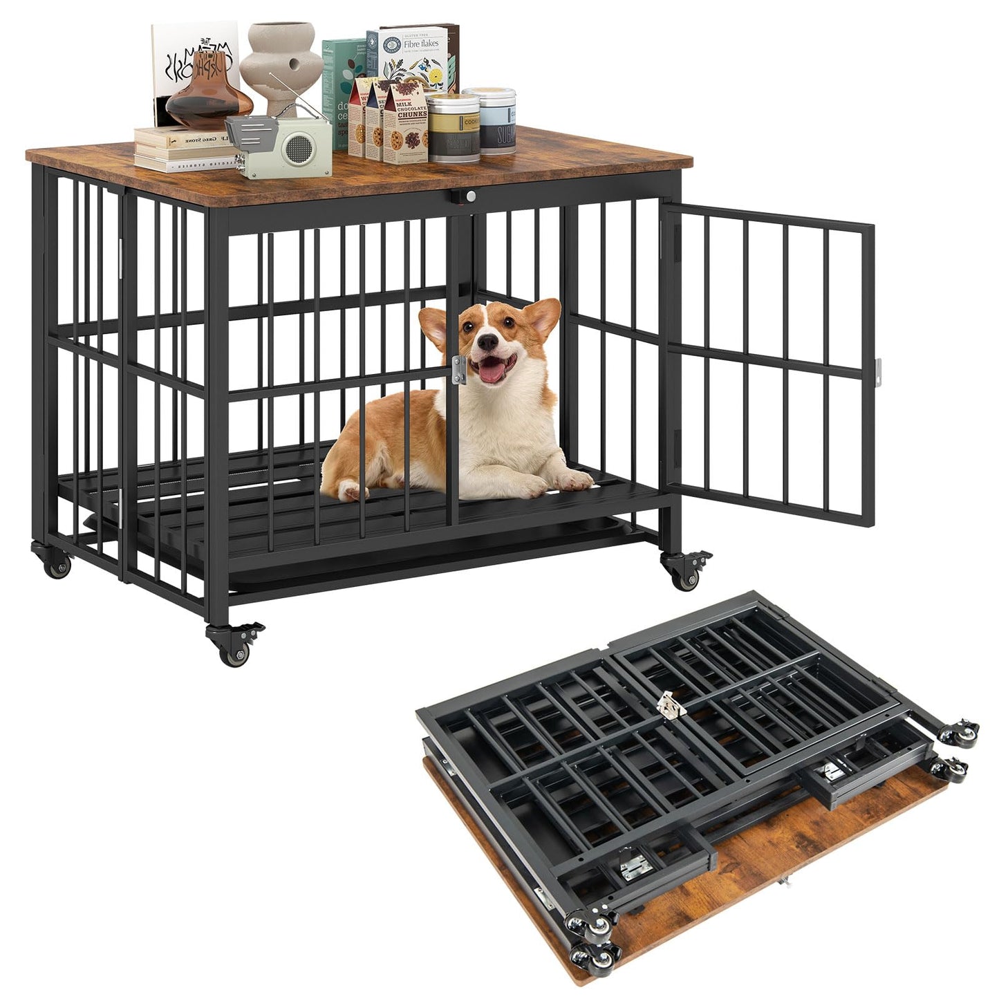 Dog Crate Furniture on Wheels, Foldable Dog Kennel Side Table with Lockable Door