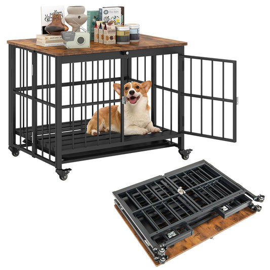 Dog Crate Furniture on Wheels, Foldable Dog Kennel Side Table with Lockable Door