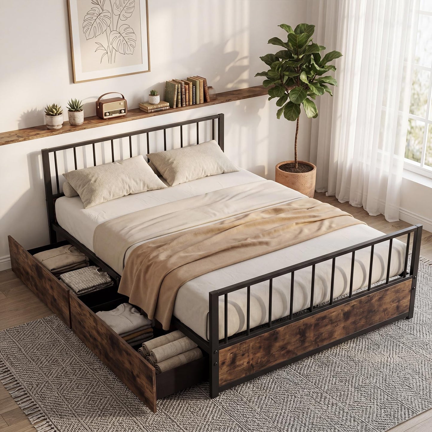 4FT6 Double Metal Bed Frame with 2 Storage Drawers, Headboard & Footboard