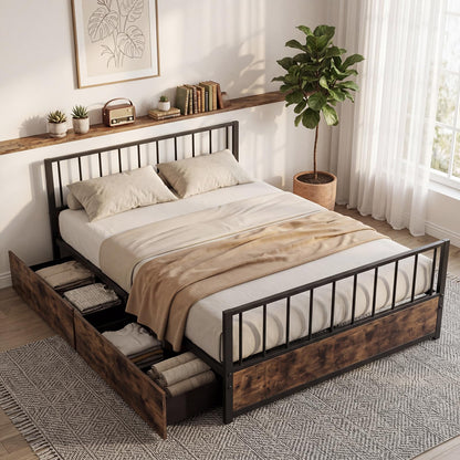 4FT6 Double Metal Bed Frame with 2 Storage Drawers, Headboard & Footboard