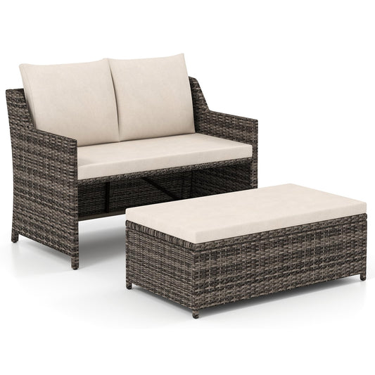 Outdoor PE Rattan Conversation Set with Built-in Storage Bin