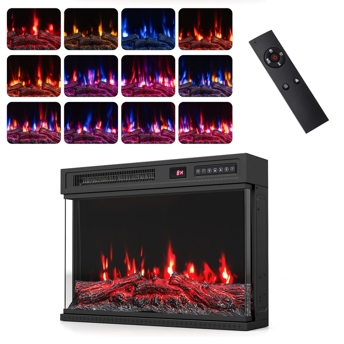 3-Sided Built-in Electric Fireplace Insert with 12 Flame Colours Thermostat and 8H Timer