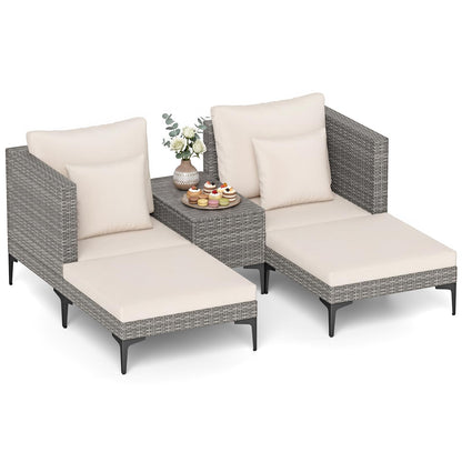 5-Piece Rattan Garden Furniture Set, Patio Conversation Set with 2 Chairs, 2 Ottomans, Coffee Table & Thick Cushions