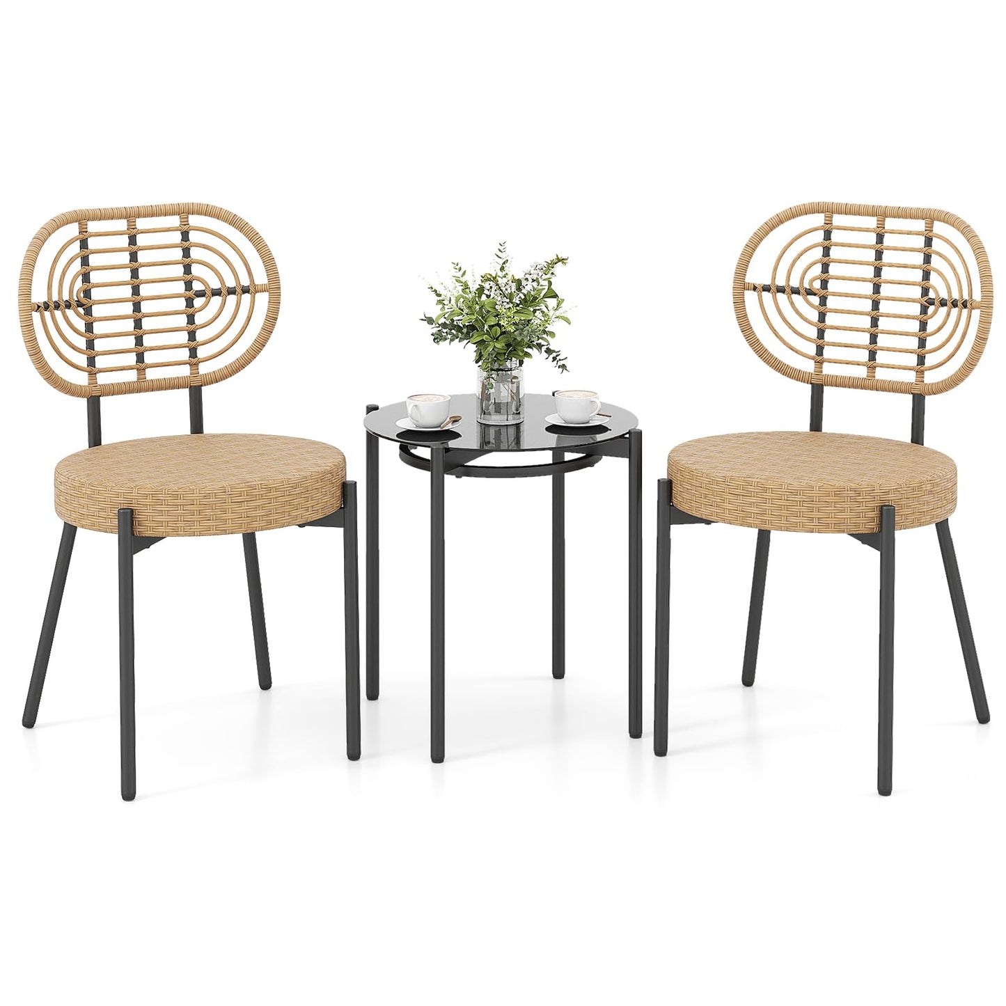 3 Pieces PE Wicker Outdoor Bistro Set Patio Conversation Set with Tempered Glass Coffee Table and Rattan Chairs
