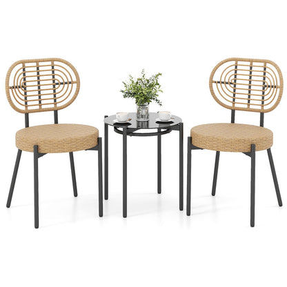 3 Pieces PE Wicker Outdoor Bistro Set Patio Conversation Set with Tempered Glass Coffee Table and Rattan Chairs