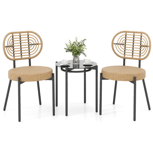 3 Pieces PE Wicker Outdoor Bistro Set Patio Conversation Set with Tempered Glass Coffee Table and Rattan Chairs