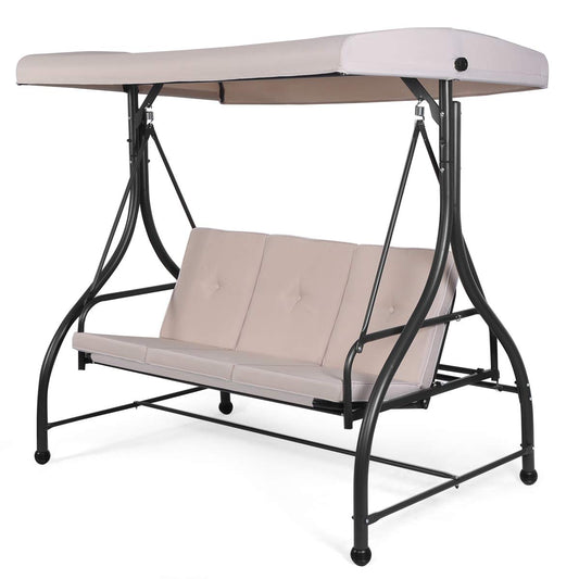3 Seater Convertible Outdoor Hammock Bench Chair with Adjustable Canopy and Cushions