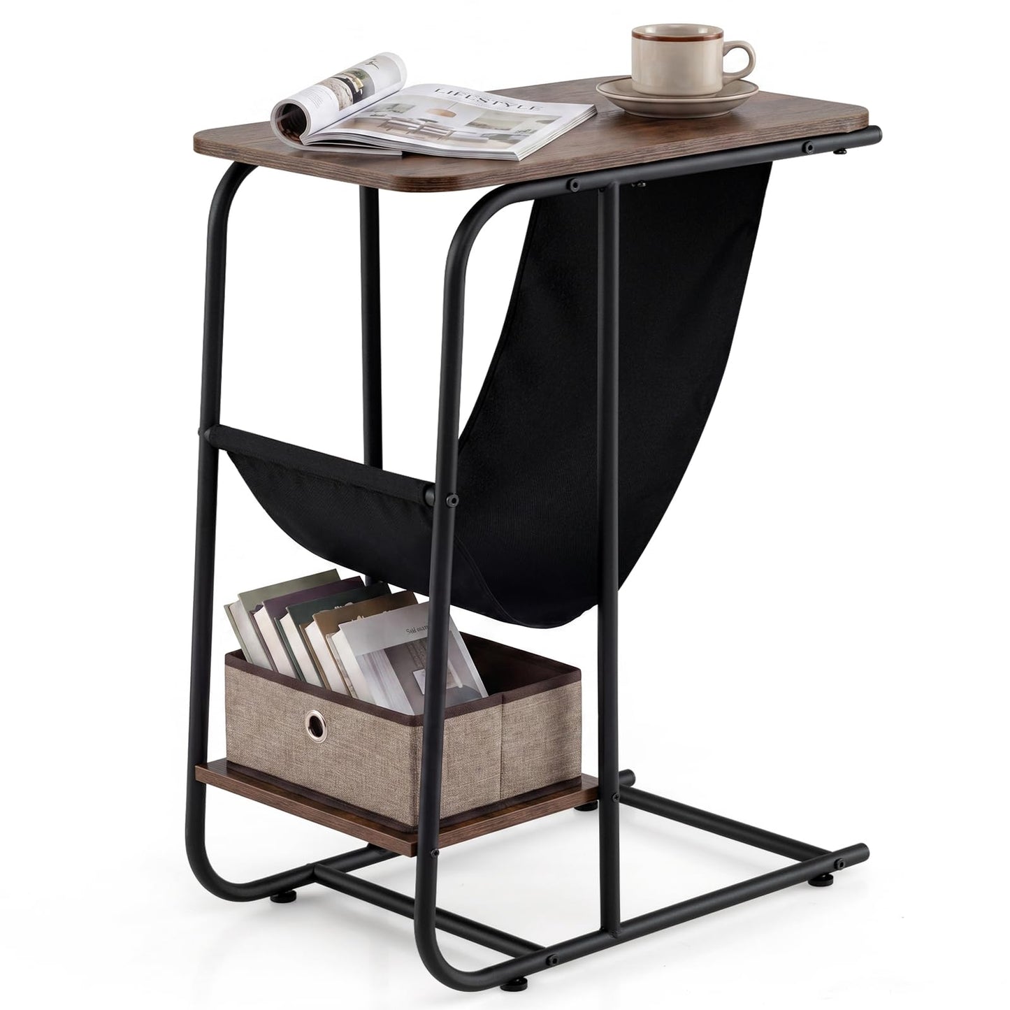 C-Shaped Side Table, Industrial Sofa End Table with Magazine Holder