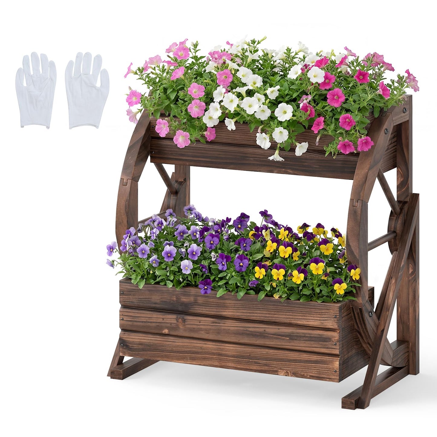 Wood Wagon Planter Box, 2-Tier Rustic Raised Garden Bed with Drainage Holes