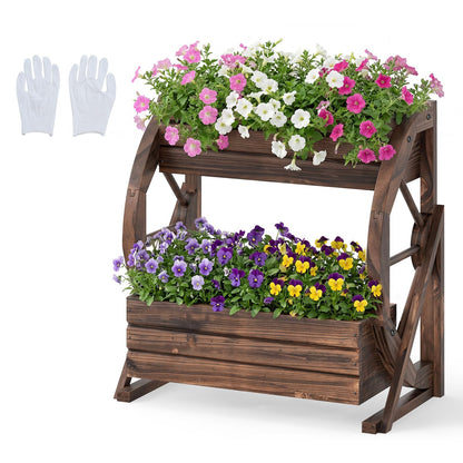 Wood Wagon Planter Box, 2-Tier Rustic Raised Garden Bed with Drainage Holes