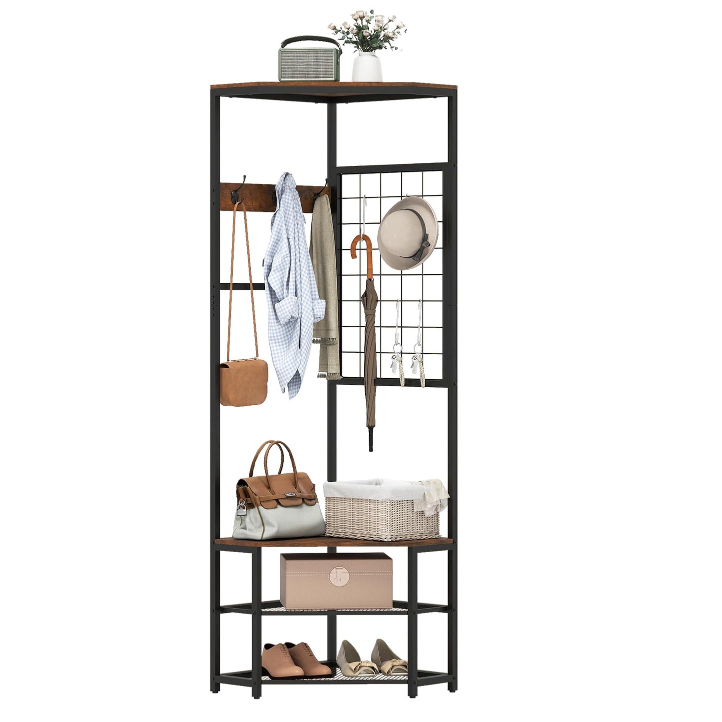 4-in-1 Freestanding Coat Rack with Storage Shelves Removable Hooks and Shoe Racks