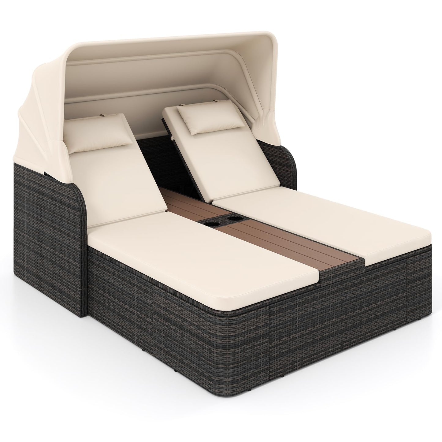 Garden Daybed, 2 Seater Rattan Sofa Sun Lounger with Canopy