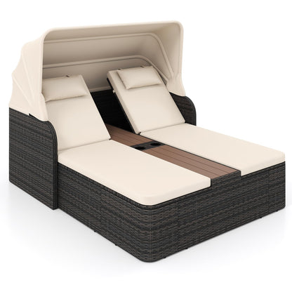 Garden Daybed, 2 Seater Rattan Sofa Sun Lounger with Canopy