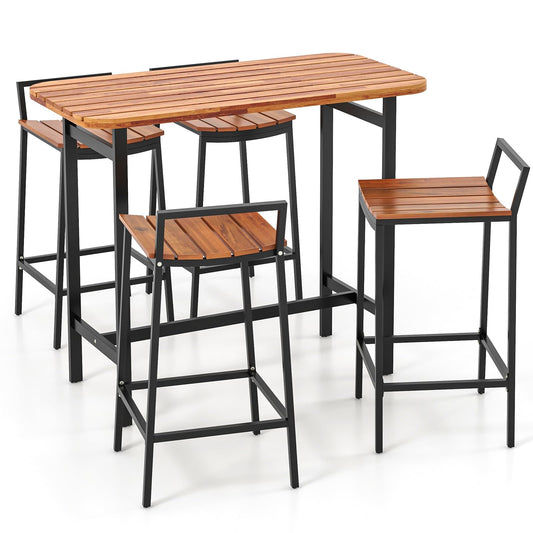 5 Piece Acacia Wood Bar Table Set with Metal Frame and Footrest