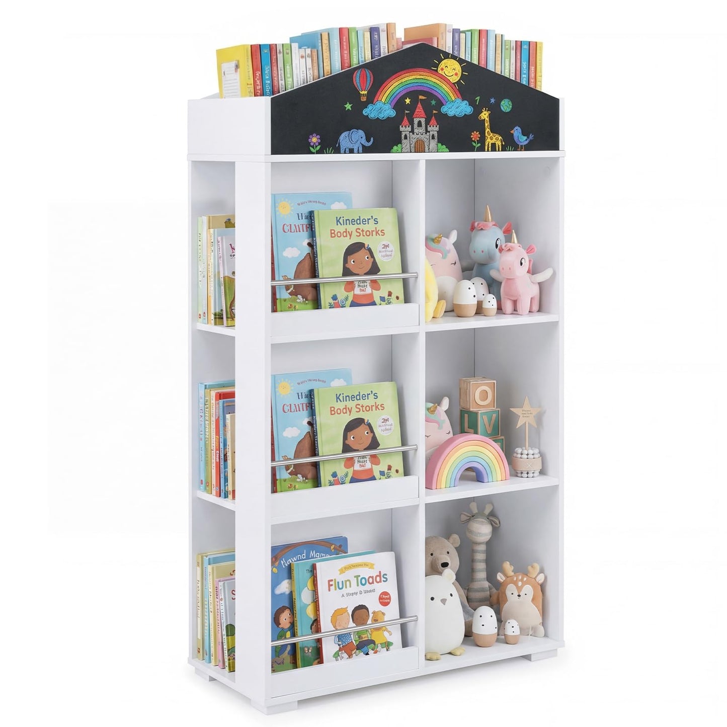 Kids Dollhouse Bookshelf with Chalkboard for Kids Room, Nursery, Playroom