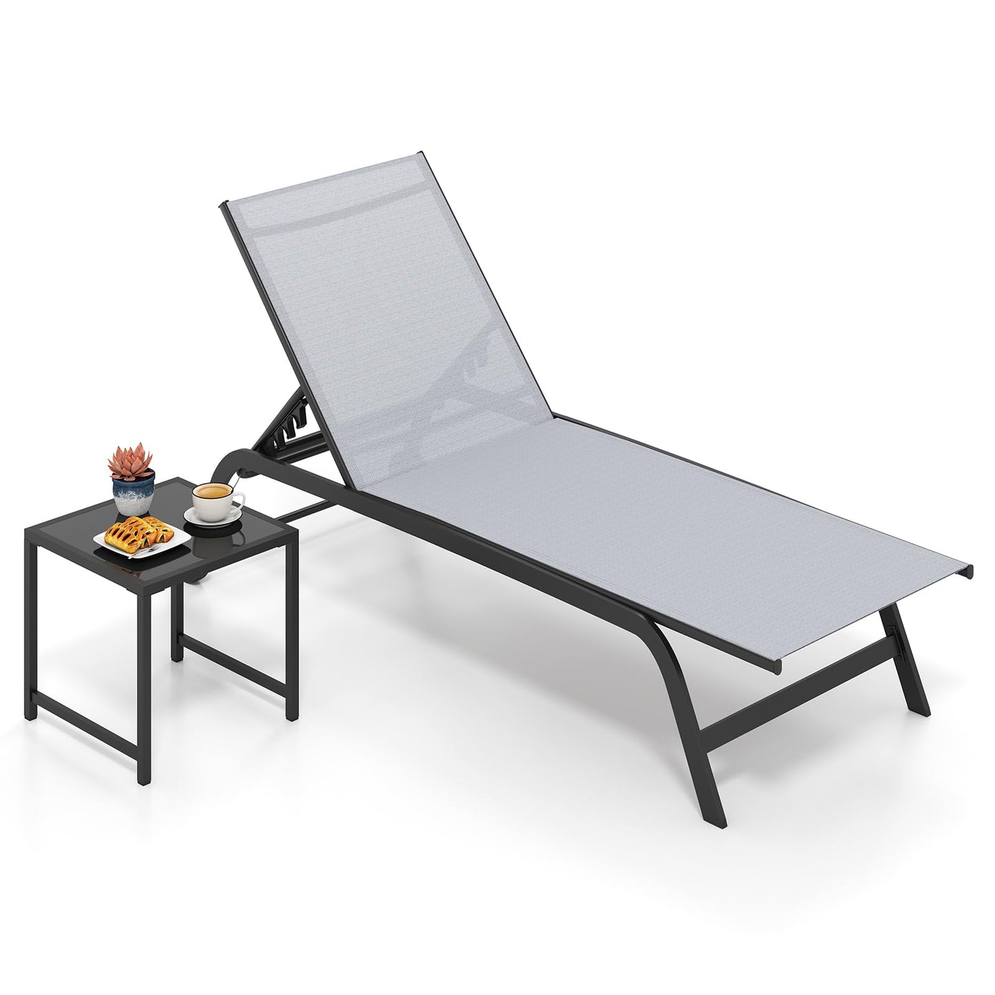 Garden Sun Lounger with Side Table, 6-Level Patio Recliner