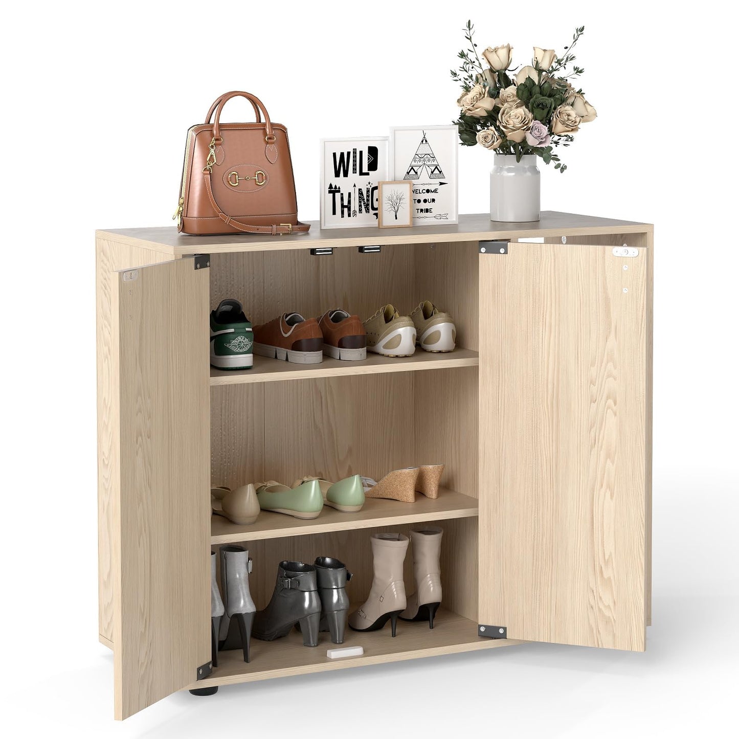 3-Tier Shoe Cabinet with Doors and Adjustable Open Shelves