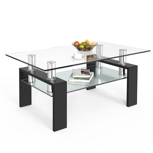 2-Tier Coffee Table, Tempered Glass Rectangle Sofa Side Table
