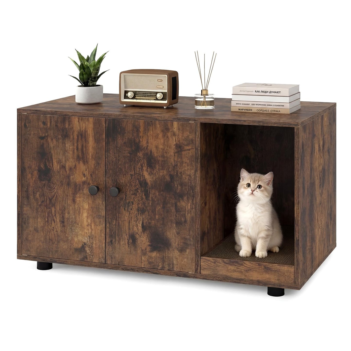 Wooden Cat Litter Box Enclosure Hidden Litter Box Furniture with Scratching Board