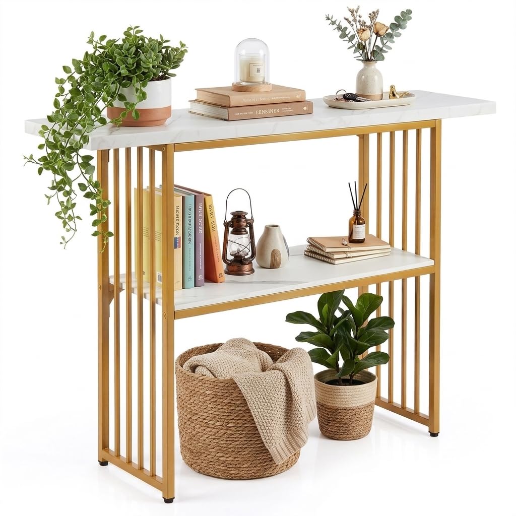 2-Tier Console Table, Faux Marble Slim Entryway Table