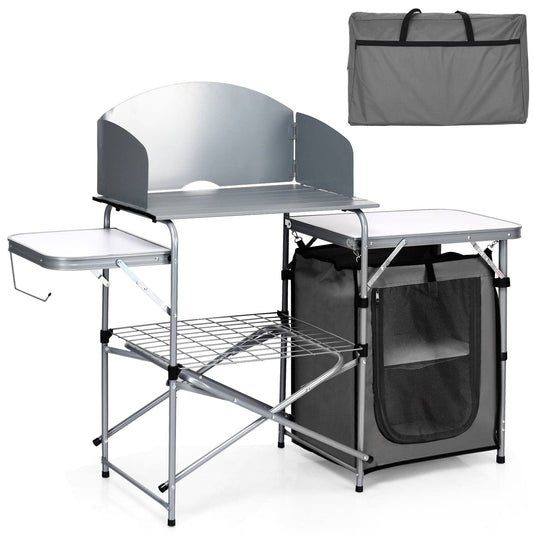 Outdoor Camping Table with Storage and Windscreen for BBQ