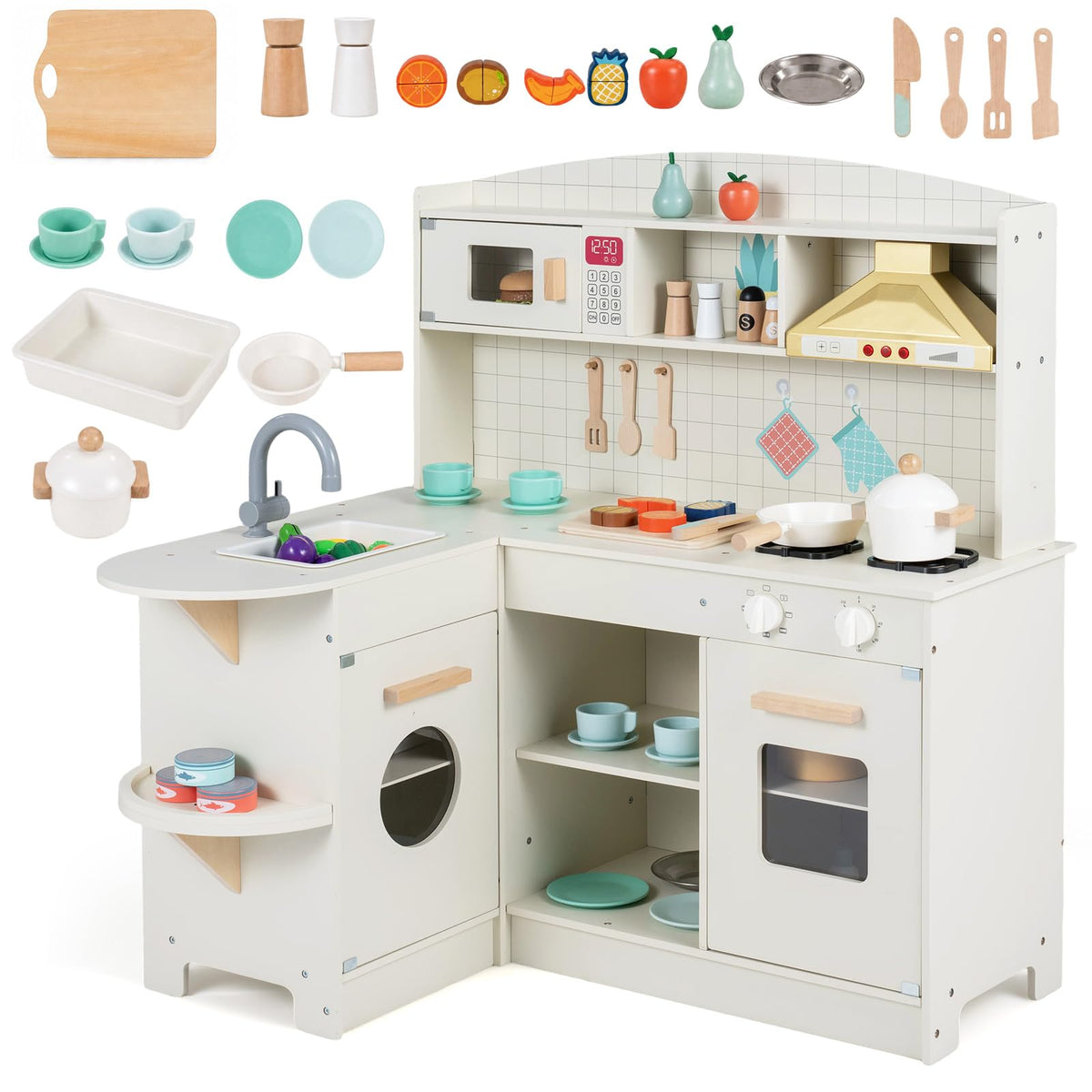 Wooden Play Kitchen with Lights and Sounds for Toddlers Ages 3+