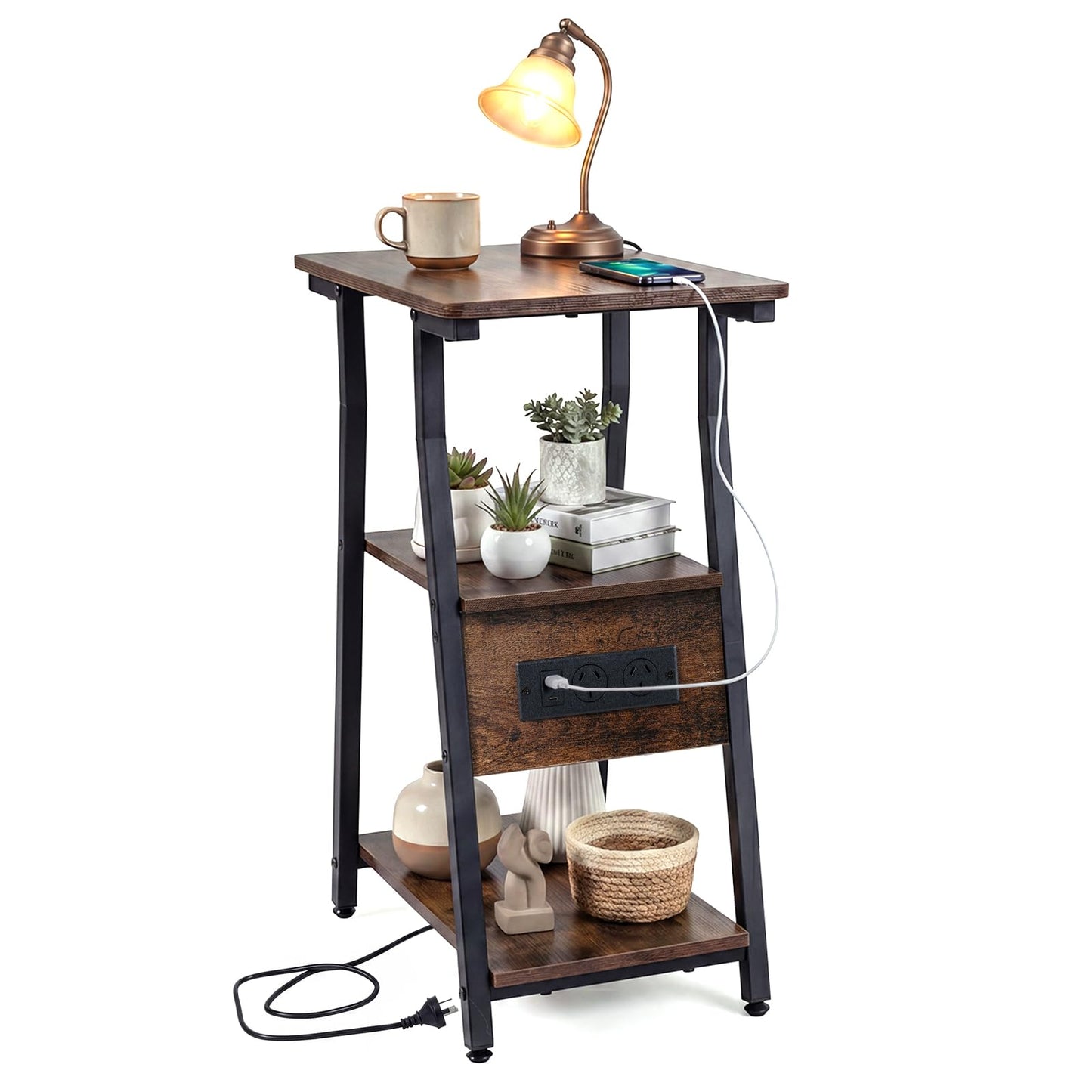 Slim Side Table with Charging Station, 3-Tier Industrial Narrow Bedside Table Nightstand