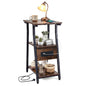 Slim Side Table with Charging Station, 3-Tier Industrial Narrow Bedside Table Nightstand