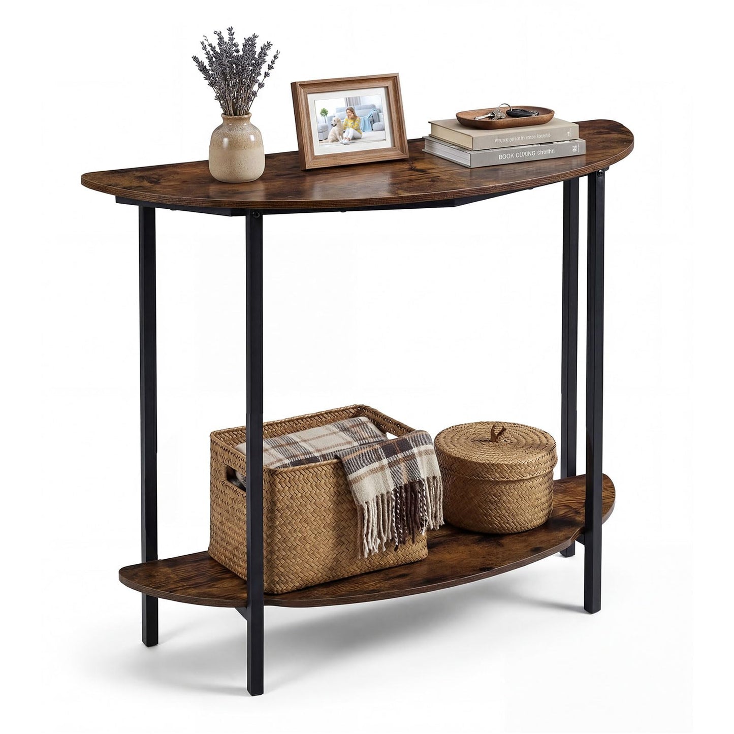 2-Tier Industrial Sofa Couch Table with Open Storage Shelf and Heavy-duty Metal Frame