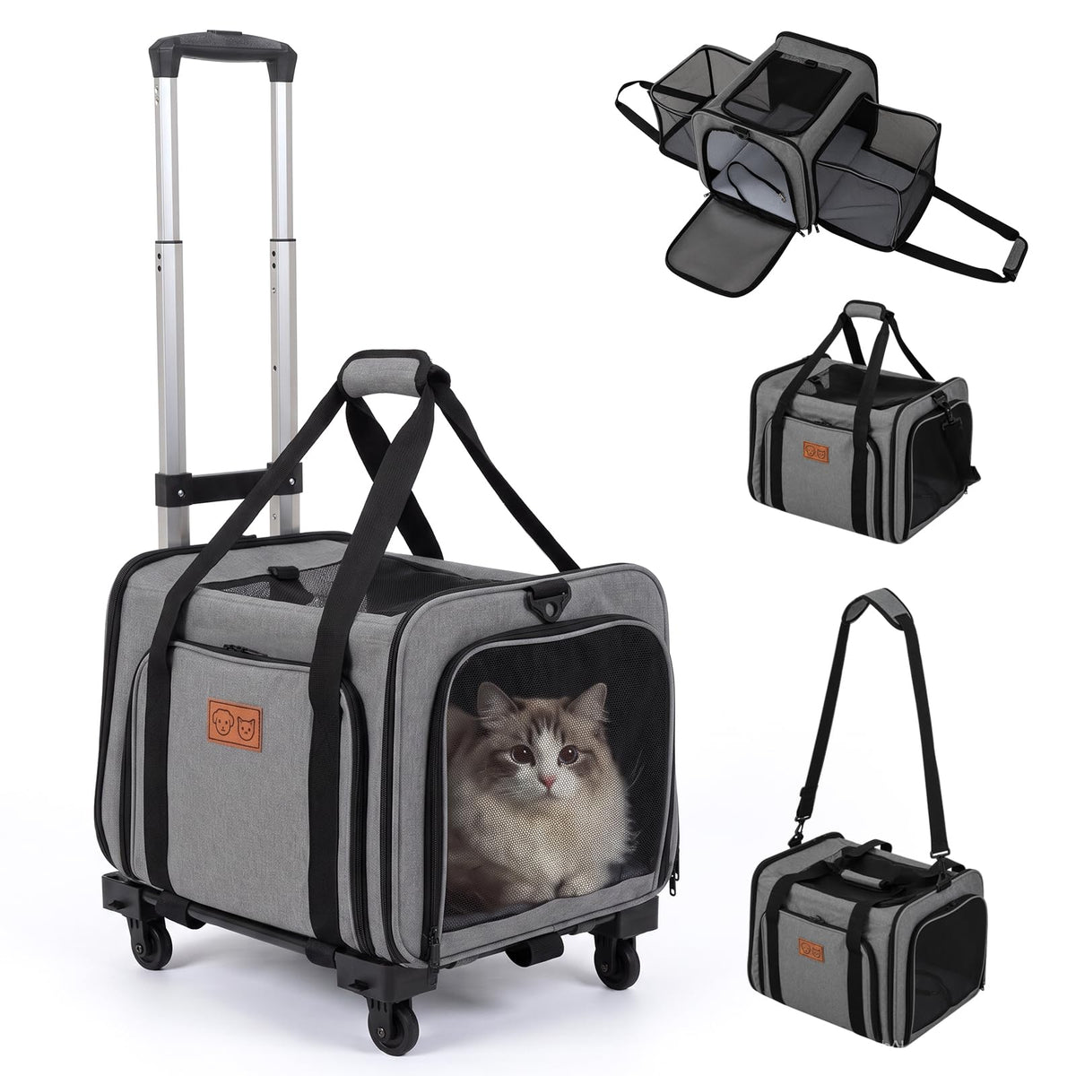 Rolling Cat Carrier with Wheels and Telescopic Handle