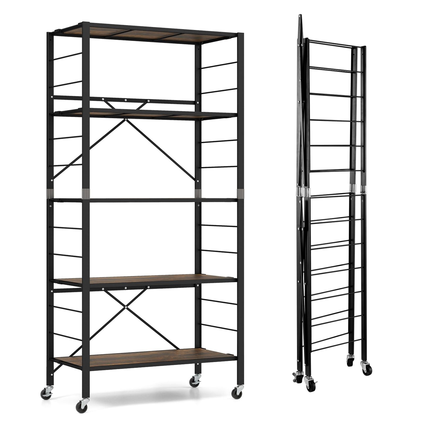 GiantexUK 3/4/5-Tier Storage Cart, Foldable Metal Frame Shelving Unit with Wheels, Adjustable Shelves & Anti-Tipping Device
