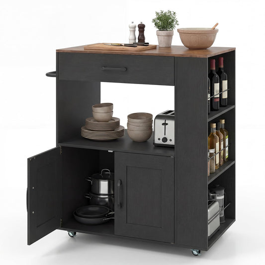 Kitchen Storage Trolley, Rolling Serving Island Cart with Towel Bar